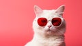 White domestic kitty in red glasses poses on pink background wall. Studio portrait furry cat in cool sunglasses. Banner template