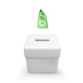 White donation box with falling paper dollar. 3D realistic charity and donation concept