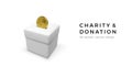 White donation box with gold coin. 3D realistic charity and donation concept. Business object for banner and poster