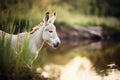 white donkey with perked ears near a peaceful pond