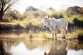 white donkey with perked ears near a peaceful pond