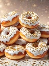 White donuts with gold sprinkles. Festive, shiny background. Sugar, sweets, snack, junk food, birthday, concept. Royalty Free Stock Photo