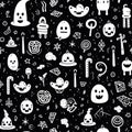 White doodle halloween seamless pattern on blacke background. Generative ai