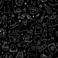 White doodles - halloween celebration on black background, chalk on blackboard, vector seamless pattern, color illustration for Royalty Free Stock Photo