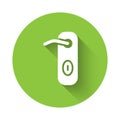 White Door handle icon isolated with long shadow. Door lock sign. Green circle button. Vector Royalty Free Stock Photo