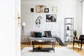 White door near table on carpet in flat interior with armchair and posters above settee. Real photo Royalty Free Stock Photo