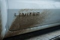 White door of a pickup truck covered in dirt