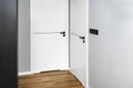 A white door with a ventilation undercut with a matte black handle and a black line in the middle in a modern house with vinyl pan Royalty Free Stock Photo