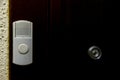 White doorbell or buzzer button on door next to peephole