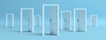 White doors opened on blue background, banner. 3d illustration