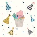 White dotted background with decorative party hat sets and cupcake in the center