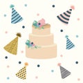 White dotted background with decorative party hat sets and multi-storey cake in the center