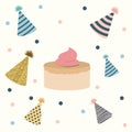 White dotted background with decorative party hat sets and sweet cake in the center