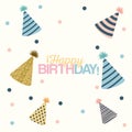 White dotted background with decorative party hat sets and text happy birthday in the center