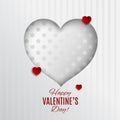 White dotted heart vector illustration on white textile striped background with frame for valentines day greeting card Royalty Free Stock Photo