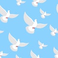 White Dove blue sky seamless pattern. Flying in air white beautiful bird. An endless flock of pigeons in open sky. Royalty Free Stock Photo