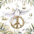 White dove on blue watercolor background, postcard for international peace day. Flying pigeon with peace symbol and