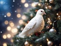 white dove on christmas tree with falling snow and glittering lights bokeh blur background symbol of peace on earth