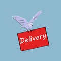 White dove delivers package. Delivery service. Cute cartoon dove flies. Vector illustration.