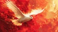 White dove in flight against a fiery red and orange background. Royalty Free Stock Photo