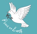 White Dove In Flight Holding An Olive Branch On Blue Background And With Text Peace On Earth.