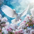 White dove flying around flowers on blue background, World peace concept Royalty Free Stock Photo