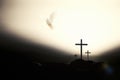Dove flying over the cross of Jesus and bright sky background Royalty Free Stock Photo