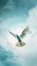 A white dove flying in the sky with clouds Royalty Free Stock Photo