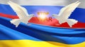 a white dove flying in the sky and a Ukraine and Russia flag background
