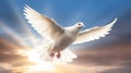 White dove flying in the sun rays in blue sky. Generative AI Royalty Free Stock Photo