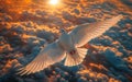 White dove flying in the sun rays among the clouds Royalty Free Stock Photo