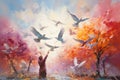 White dove flying to the sky, peace, pacifism and consciousness, purity and postive emotion, love and freedom, holy spirit, pigeon