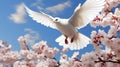 White dove gracefully soaring in sunlight with beautiful sakura trees in the background