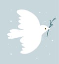 White dove with a green plant branch. Simple concept illustration, peace symbol, religious message, cute sticker, bird Royalty Free Stock Photo