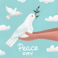 White Dove with Olive Branch sittting in human Hands. Peace Symbol. Pigeon textured illustration. White Flying Bird Emblem. Flat