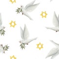 White dove of peace with olive branch and gold stars of David, flying pigeon bird watercolor seamless pattern on white Royalty Free Stock Photo