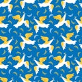 White dove of peace with an olive branch. Vector flat seamless pattern in blue and yellow. Flying bird on a blue Royalty Free Stock Photo