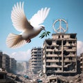 White Dove of Peace Over War-Torn Cityscape