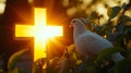 A white dove sitting on top of a tree next to a cross Royalty Free Stock Photo