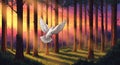 White dove soaring through sunlit pine forest at golden sunset rays Royalty Free Stock Photo