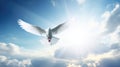 White dove with wings wide open in the blue sky air with clouds and sunbeams. Generative AI