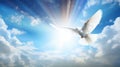 White dove with wings wide open in the blue sky air with clouds and sunbeams. Generative AI