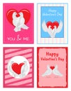 White Doves Couples with Heart Illustrations Set Royalty Free Stock Photo