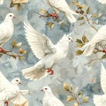 White Doves Flying and Perched on Branches with Leaves, Seamless Pattern Royalty Free Stock Photo