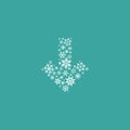 White down arrow made of snowflakes. Vector icon isolated on blue background