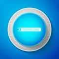 White Download button with arrow icon isolated on blue background. Upload button. Load symbol. Circle blue button with