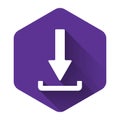 White Download icon isolated with long shadow. Upload button. Load symbol. Arrow point to down. Purple hexagon button