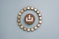 White download symbol on round wooden block and white dot progress for loading and sharing data base technology concept