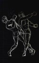 White drawing on black background representing two boxers