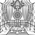 And white drawing, vector contour linear illustration, coloring, sketch, monochrome picture. Rich interior decorated patterns